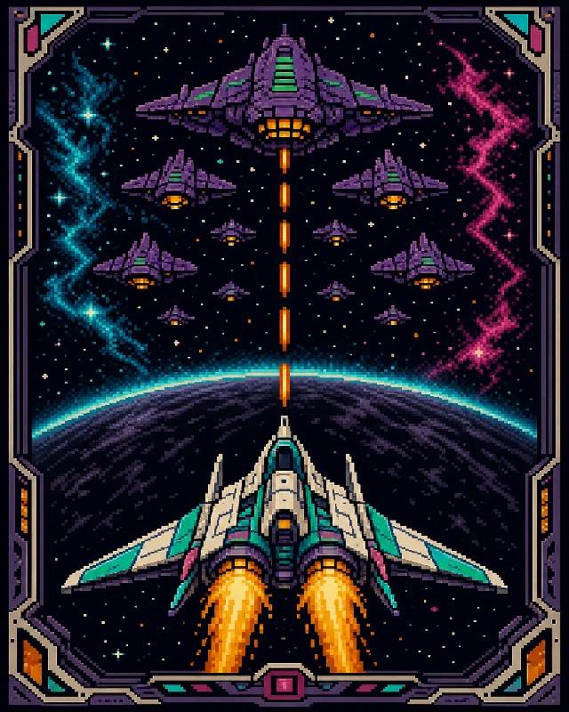 Sharper illustrated Shooter cover: a white starfighter dives through a purple alien fleet above a blue planet, harder cel-shading and crisper highlights