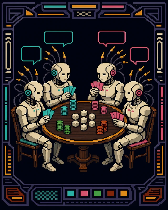 Sharper illustrated ZI Traders cover: four cable-haired androids exchange offers around a table under teal bid and red ask speech bubbles, tighter palette and harder outlines