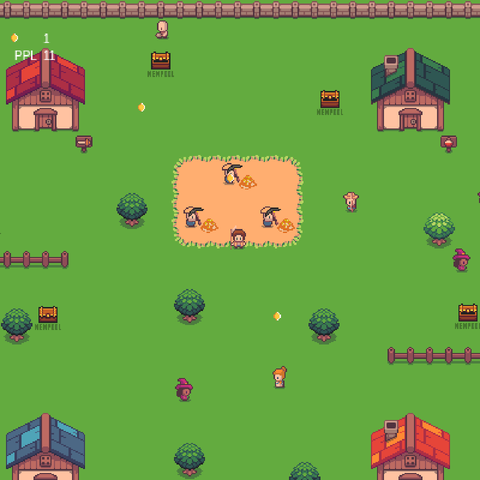 Screenshot of the live RPG build at deodoro.net/rpg: a Phaser 3 top-down pixel-art RPG with green grass, cottages, a mining pit, and chests labeled MEMPOOL
