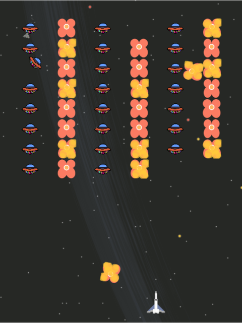 Screenshot of the live SHOOTER build at deodoro.net/shooter: a Phaser 3 canvas with a player ship, columns of red alien UFOs, and active explosions
