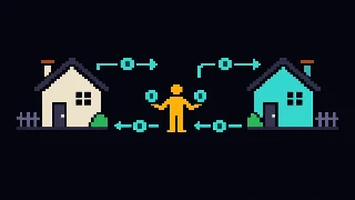 Mechanism vignette 1 of 3 — Trade creates demand: agents on either side of a counter exchange goods and route them through a settlement service.