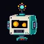 Daneel cart: expressive co-processor head with teal visor, pink cheek LEDs